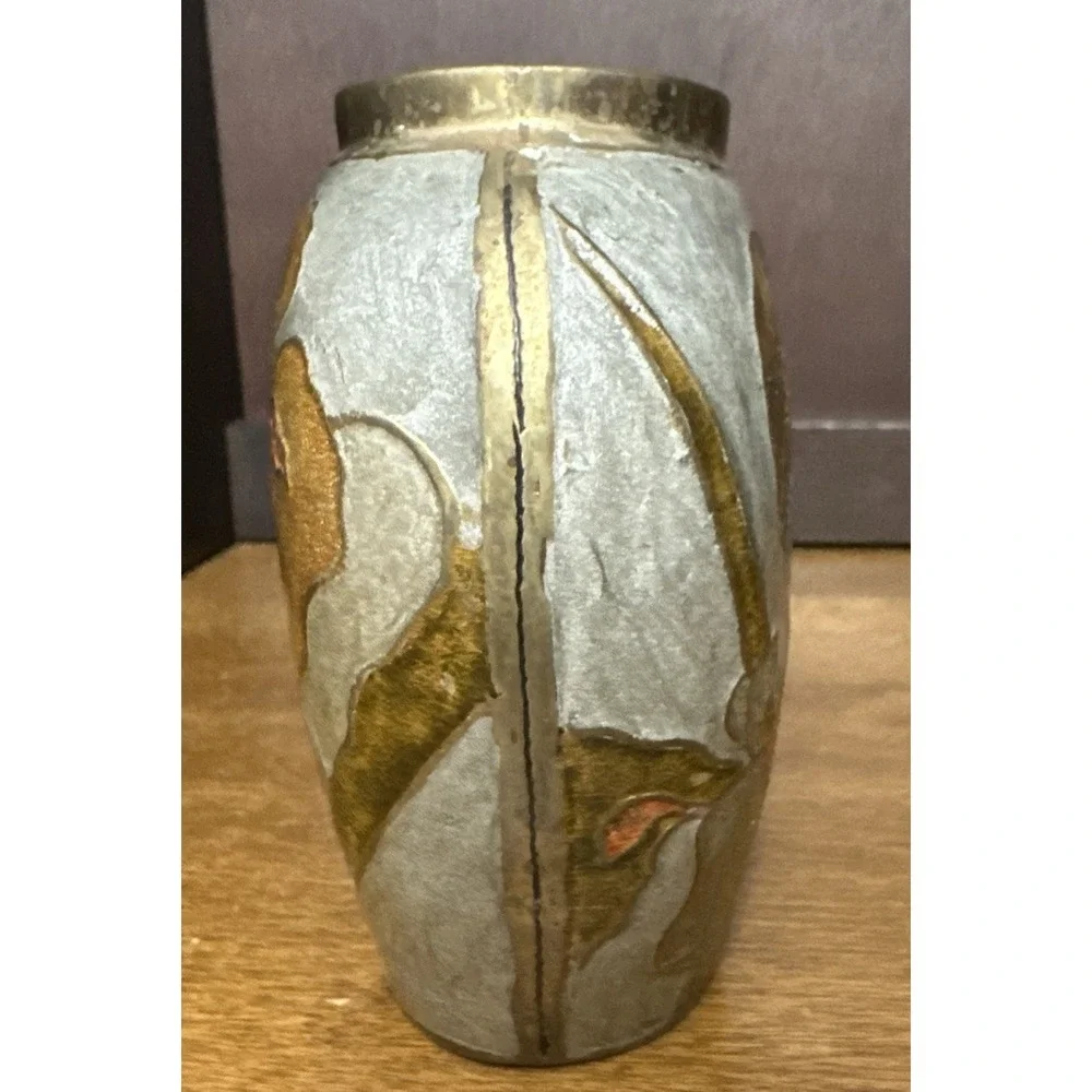 Brass and Enamel Vase Floral Flowers Oval Opening Hand Painted Made in India VTG